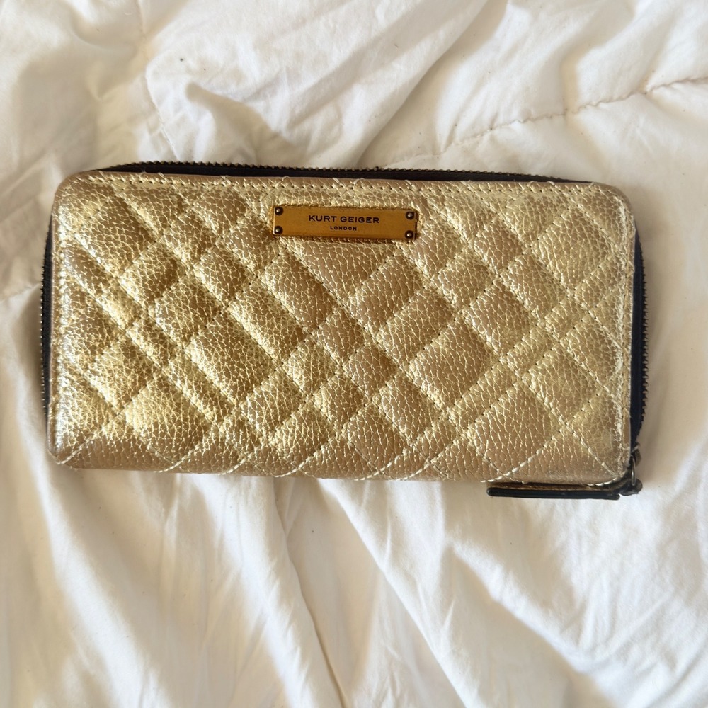 Kurt Geiger Zip Around Wallet Womens OS Gold Good Quilted Metallic Leather Luxe